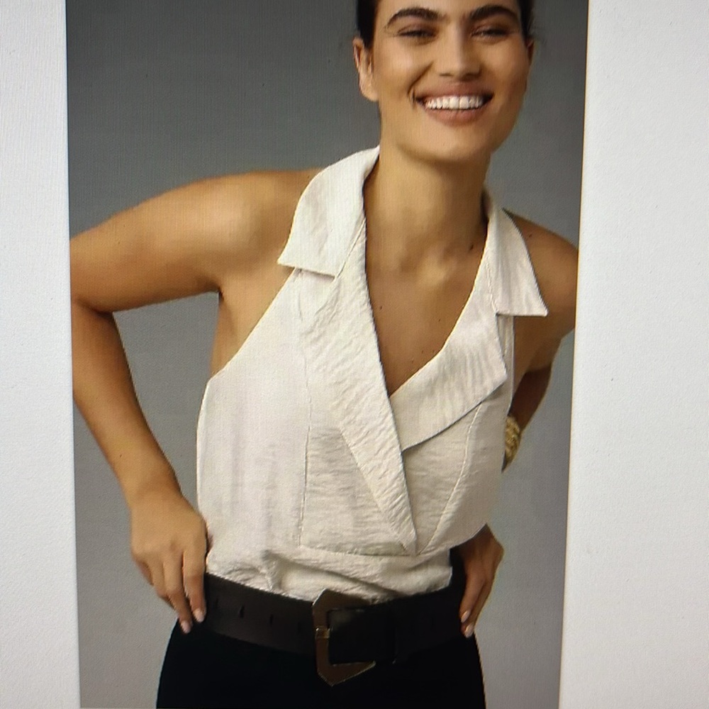 Anthropologie DYLON Ivory Sleeveless Wide Placket Halter Top M Ivory White Night